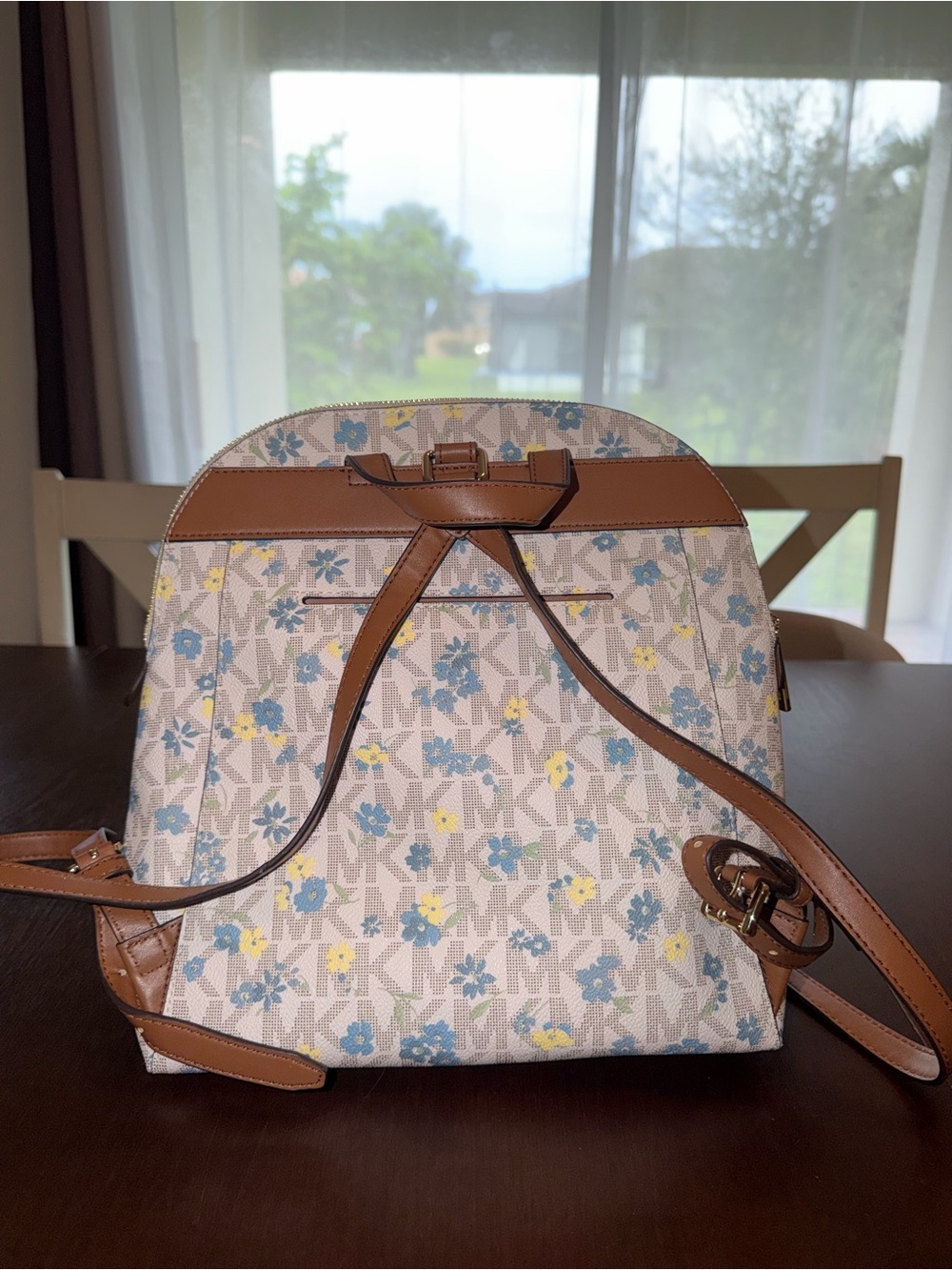 Michael Kors Beige Floral Logo Backpack with Blue & Yellow Flowers - Picture 2 of 2
